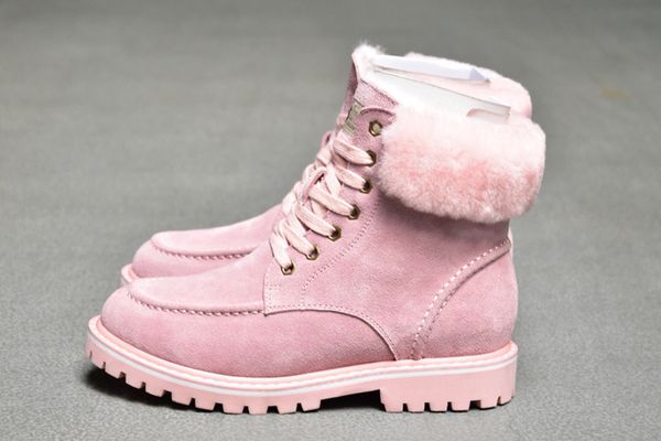

sheepskin fur half boots wgg 2020 winter laceup snow solid leather outdoor womens girl half boots ankle boots black grey pink shoes