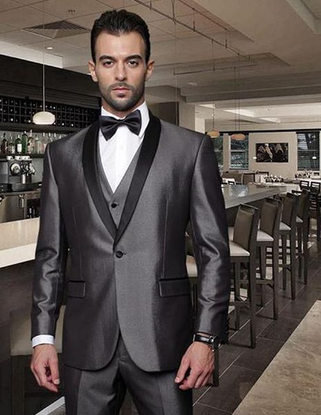 

2020 shiny gray groom tuxedo groomsmen shawl lapel wedding dinner evening man suit (jacket+pants+vest, White;black