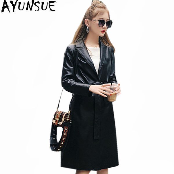 

ayunsue 2019 autumn women's sheepskin coat female slim windbreaker trench coats genuine leather jackets casaco feminino wxf280, Black