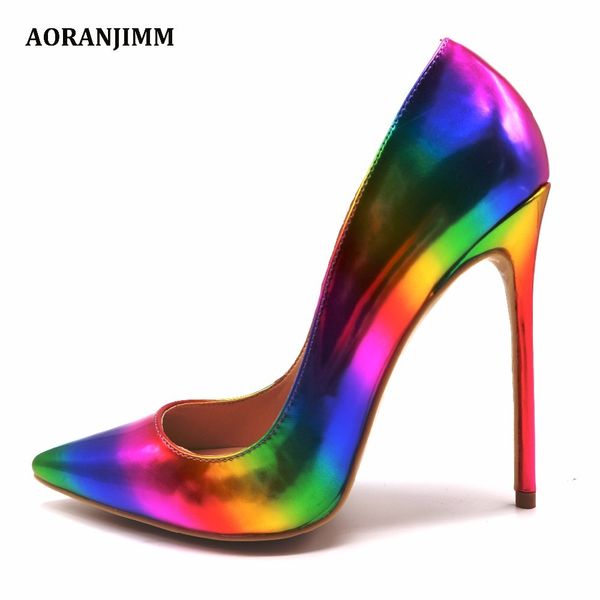 

aoranjmm real pic colorful rainbow printed pointed toe woman lady female 12cm .5cm 8cm high heel shoes pump t200525, Black