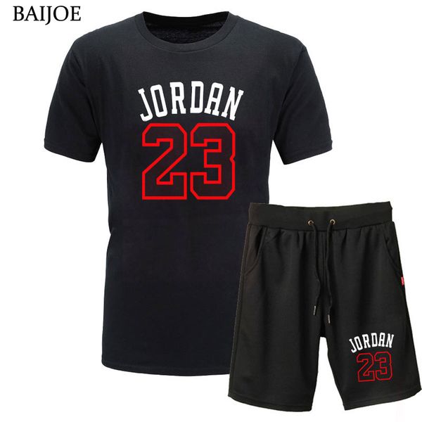 

baijoe summer new tee 23 print mens t-shirt+shorts cotton hip hop short sleeve t shirt men/women, White;black