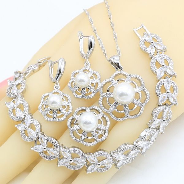 

925 silver white pearl jewelry sets for women weddding zircon bracelet earrings rings necklace pendant, Slivery;golden