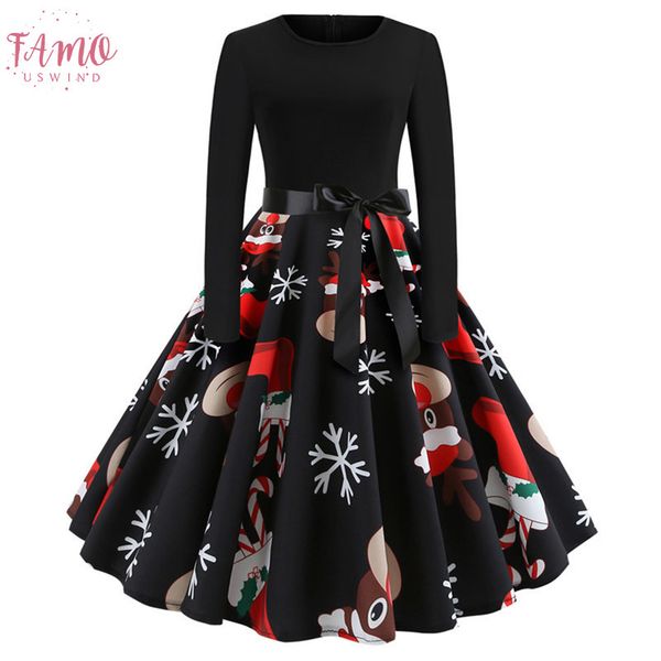 

women vintage christmas dress elegant printed winter casual midi dress o neck party dresses swing vestidos plus size, Black;gray