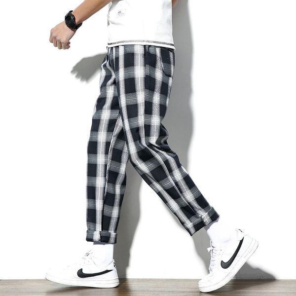 

plaid pant мужчины женщины уличная мода хип-хоп шаровары эластичный пояс бегун спортивные брюки мужчины плед повседневная pantg7f5, Black