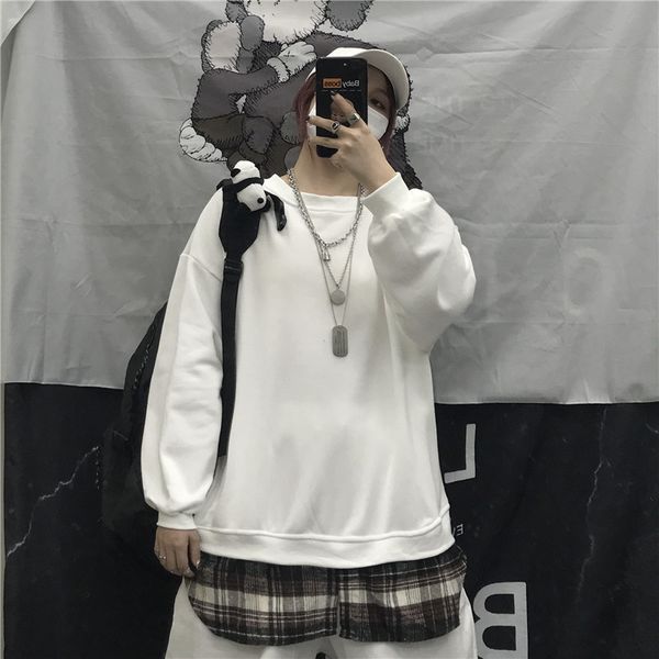 

autumn new hoodies men fashion retro plaid stitching casual fake two-piece pullover man streetwear hip hop loose sweatshirt, Black