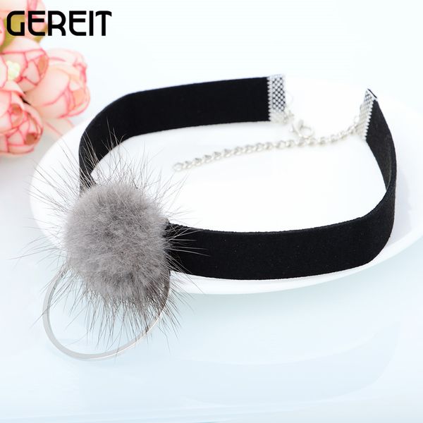 

женщины изысканные ювелирные изделия оптовая мода стиль мех мяч круг кулон черный короткое колье ожерелье воротники mujer collier femme, Golden;silver