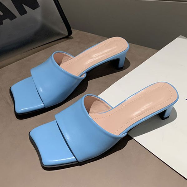 

blue black pu leather square head peep toe high heels slippers slip on mules heels women party dress slides shoes
