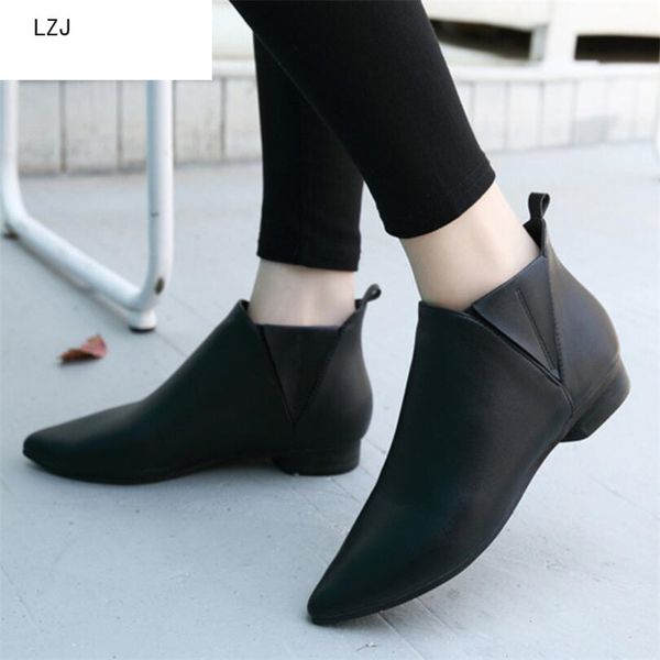 

lzj 2019 winter boots women ankle boots pointed toe ladies leather fashion botas mujer size 34-42, Black