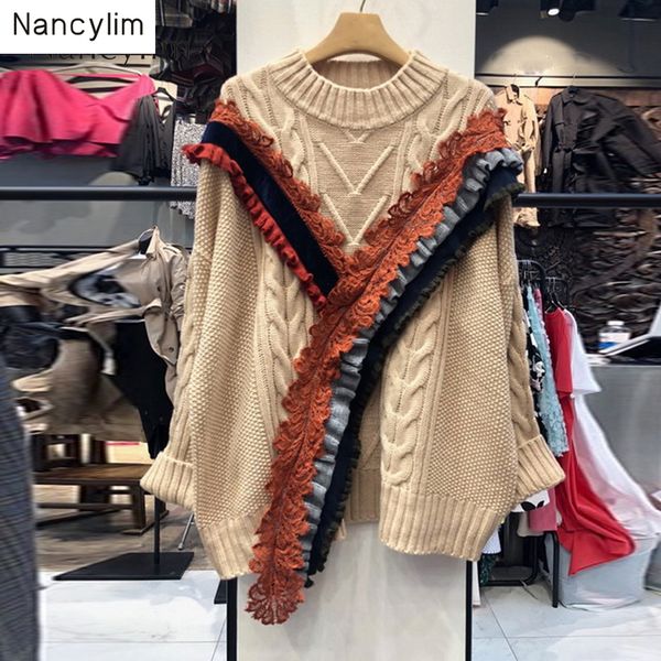 

lace stitched sweater woman loose beautumn winter warm sweater coat casaco feminino turtleneck girls student streetwear, White;black