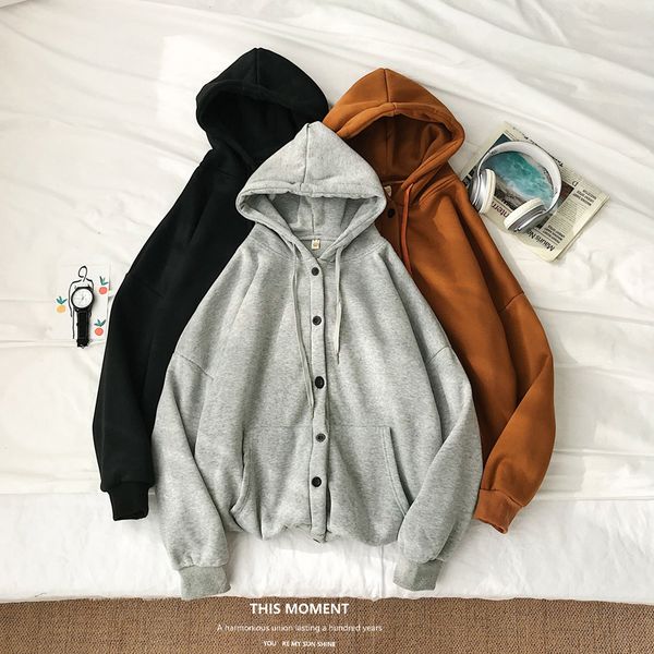 

2019 autumn and winter new korean version of the trend loose hooded cardigan handsome wild plus velvet sweatshirt jacket male, Black