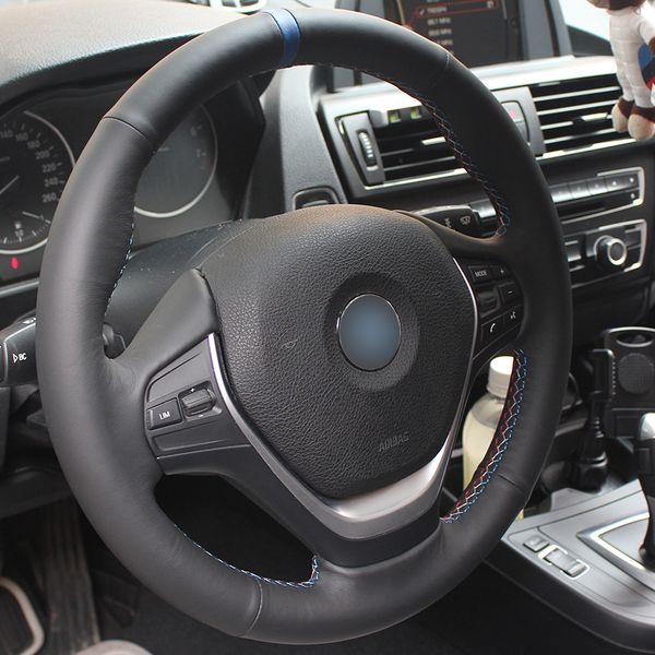 

black genuine leather blue marker car steering wheel cover for bmw f30 320i 328i 320d f20