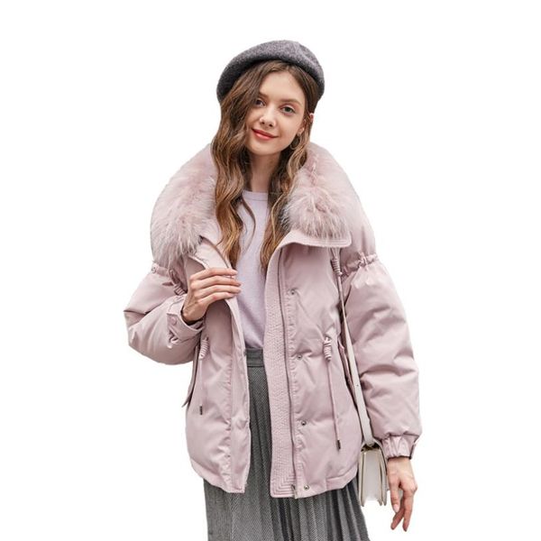 

sweet style winter new fashion brand down coats female big fur collar adjustable waist pink down jackets women outerwear gx1661, Black