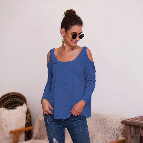 

women short new round neck long sleeve solid color fashion loose cold shoulder ladies shirt, White