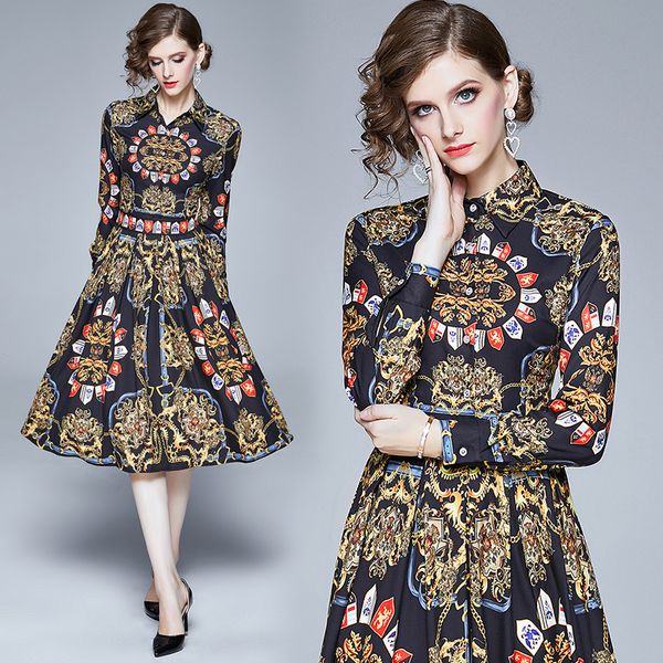 

quality women's designer black dress runway vintage long sleeve luxury ladies baroque print dresses classic casual office button shirt, Black;gray