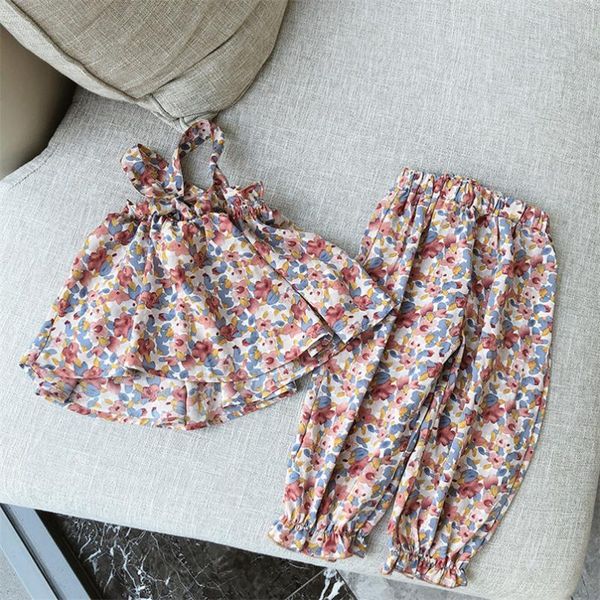 

clothing sets 1-7yrs toddler girls summer floral printing strap shirt+long pants chiffon clothes for kids children suit, White