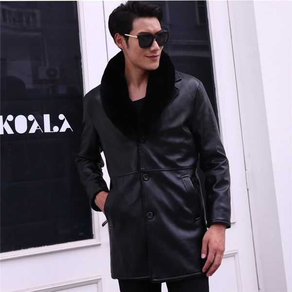 

men's fur & faux ymwmhu luxury leather coat mens single breasted business casual jacket male black long pu jackets plus size