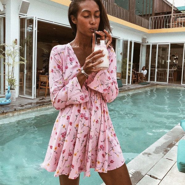 

womens summer boho floral beach dress ladies long sleeve v neck loose short mini dress holiday sundress, Black;gray