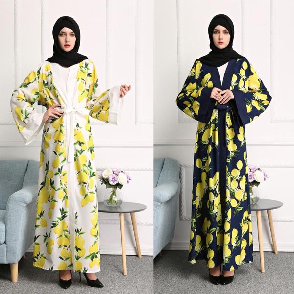 

muslim women abaya islamic ramadan maxi robe lemon printed open kimono party evening dubai kaftan arab jilbab cardigan fashion, Red