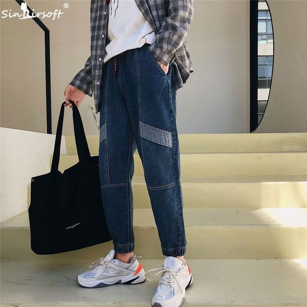 

drawstring denim patchwork harem pants men high street spliced loose full length jeans male high waist bkue trousers 2019 hot, Blue