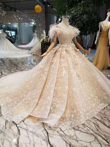 

ball gown wedding dress luxurious applique lace-up feather beading vestido de novia plus size bridal dress, White