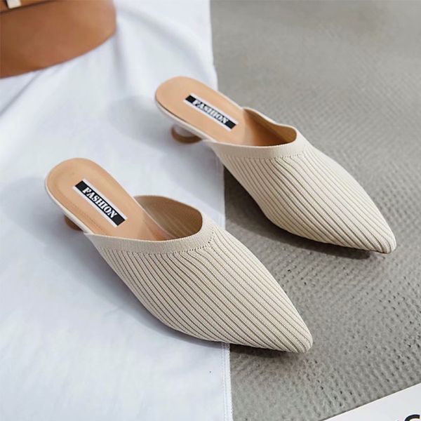 

pointed toes slip on mules weaving breathable women slippers summer outdoor elegant women shoes fashion low heels slippers, Black