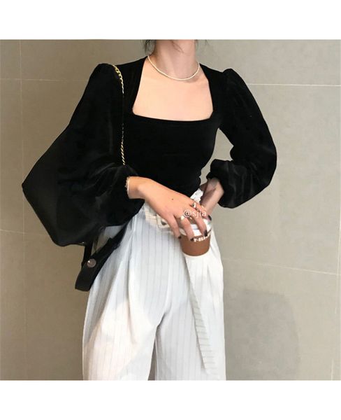 

chic 2020 elegant korean style french court style retro temperament square neck puffed sleeves velvet jacket, White