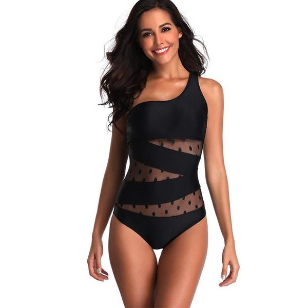 

bikinis set solid color one-shoulder mesh stitching swimsuit ladies beach r4f1
