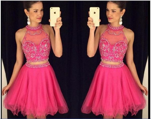 

beaded two pieces homecoming dresses a line crew tulle party cocktail dresses, Red