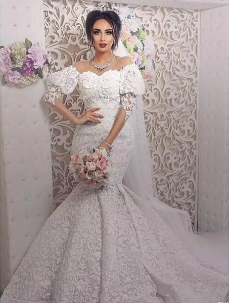 

saudi arabic mermaid wedding dresses 2018 lace appliqued sheer jewel neck sweep train boho bridal dress half long sleeve custom made gowns, White