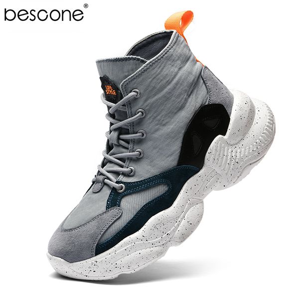 

bescone new men's high sneakers outdoor lace-up spring autumn comfortable thick heavy bottom casual flats daddy shoes s958, Black