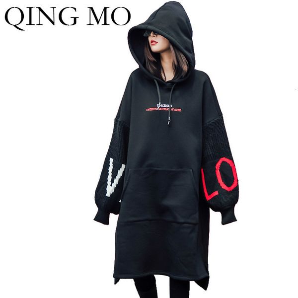 

qing mo black women hooded sweatshirt 2019 women knitted patchwork sweatshirt female letter printed long zqy2466