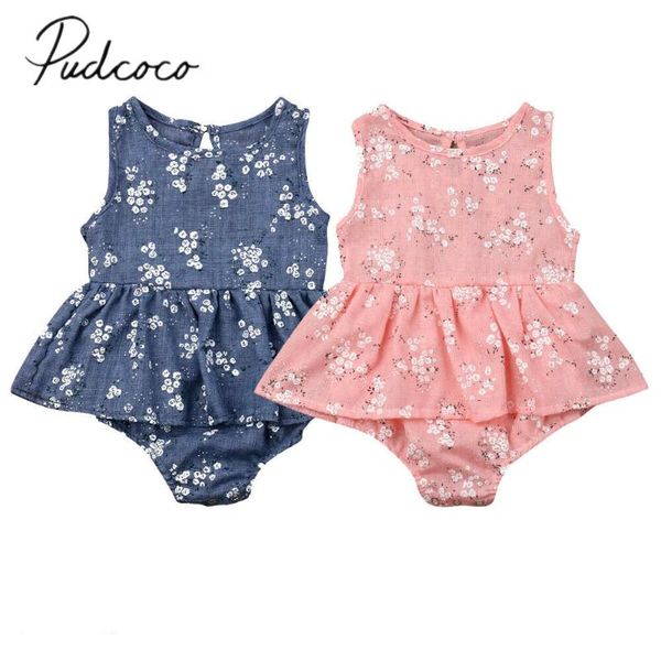 

2019 baby summer clothing newborn infant baby girl bodysuits dress clothes sleeveless flowers print jumpsuits tutu dress 0-18m, Blue