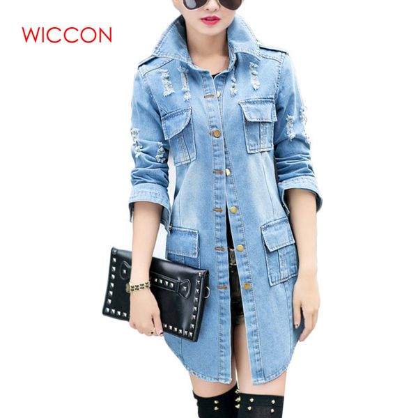 

women's jackets women long denim jacket autumn fashion hole sleeve coat female for pocket single breasted cardigan, Black;brown