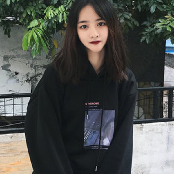 

harajuku large size long sleeve headband with hoodie shirt embroidered jacket wind hip hop street section loose clothes marcus, Black