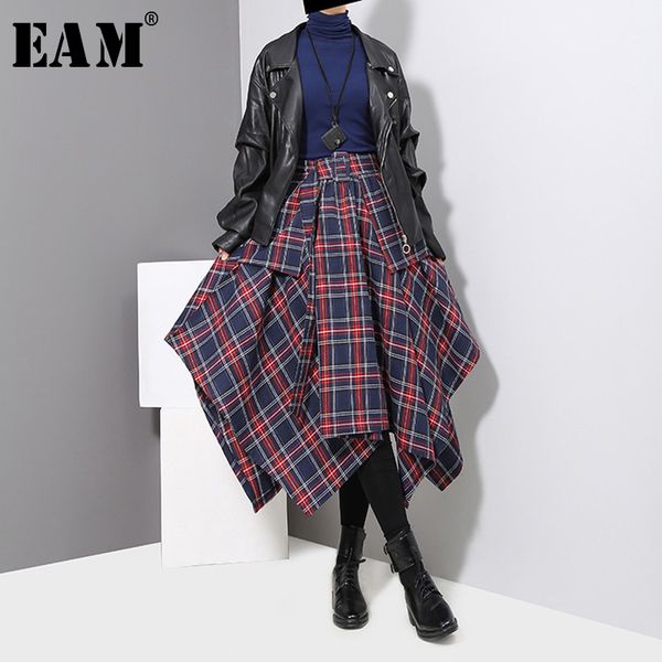 

eam] 2020 new spring high waist red plaid split joitn loose big hem half-body skirt women fashion tide all-match jd402, Black