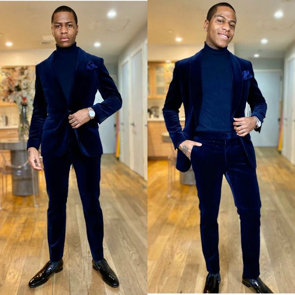 Abiti da uomo in velluto blu scuro 2020 Blazer Abito da sposa Prom Slim Fit 2 pezzi Smoking dello sposo Migliori abiti da uomo (giacca + pantaloni) Custom Made