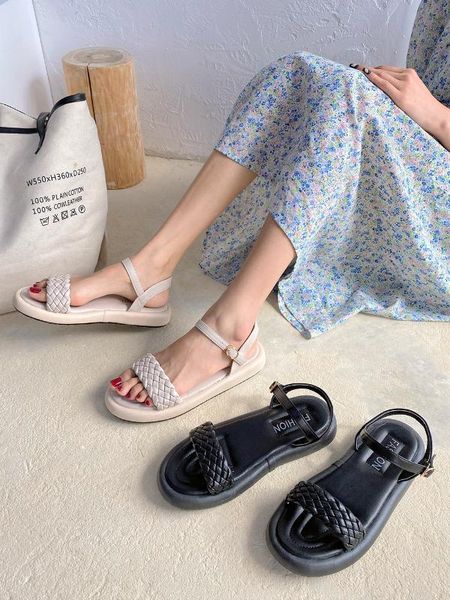 

net red sandals 2020 summer new word buckle roman thick bottom port style retro weave fashion white take ins tide women's shoes, Black