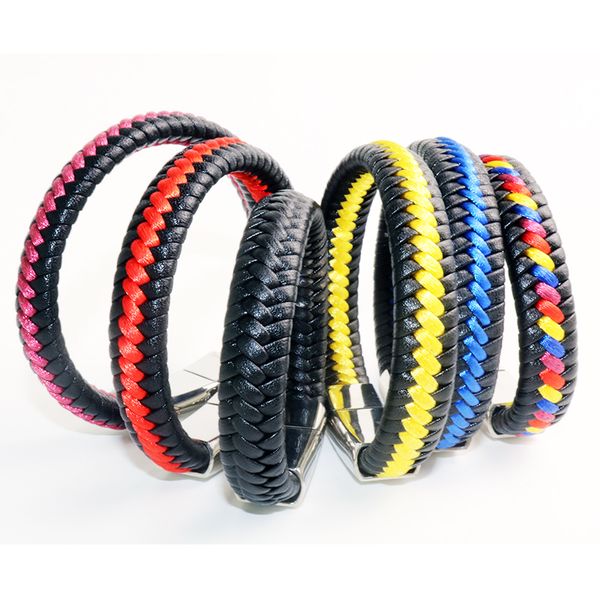 

men accessoires women leather bracelet black brown red blue yellow braided bracelets stainless steel accessory wholesale jewelry, Golden;silver