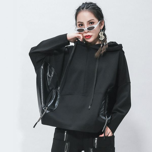 

female spring base coat plus size loose lace-up hood batwing sleeve japan ladies hoodie sweatshirt black with zip pockets