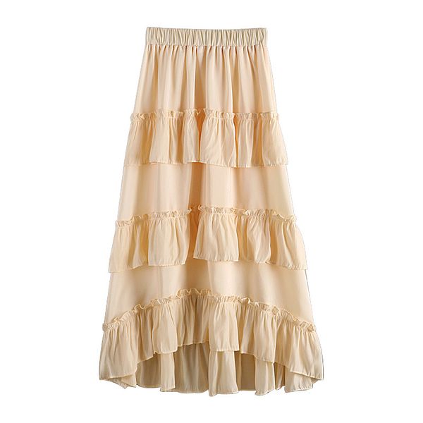 

new women sweet chiffon skirt mid calf elastic waist multi layers high waist fluffy cake skirt lolita style princess ball gown, Black