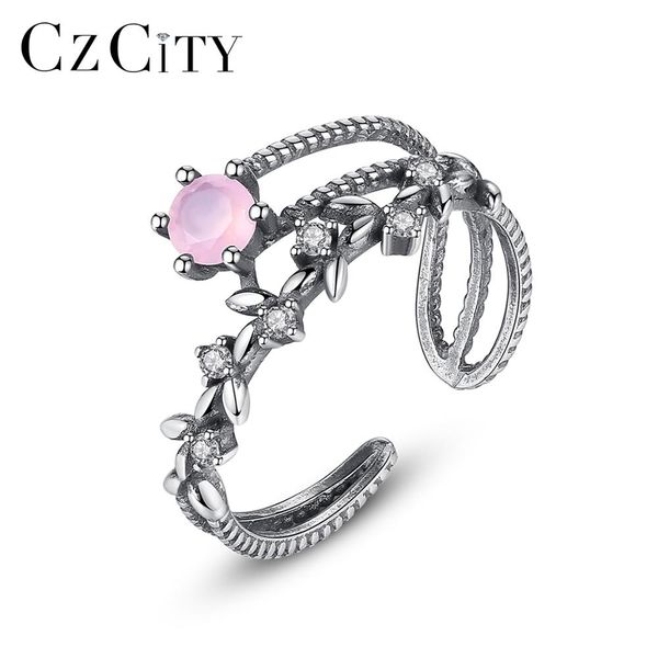 

czcity vintage solid thai silver leaf open rings for women fine jewelry party pink cz anillos joyas de plata femme gifts sr0250, Golden;silver