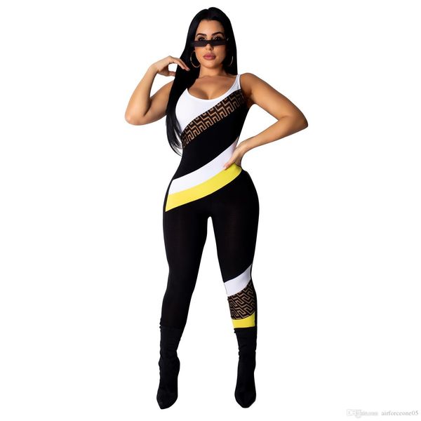 

филенчатые печатные комбинезоны для женщин летней одежды sexy тощих рукавов полной длиной одежды, Black;white