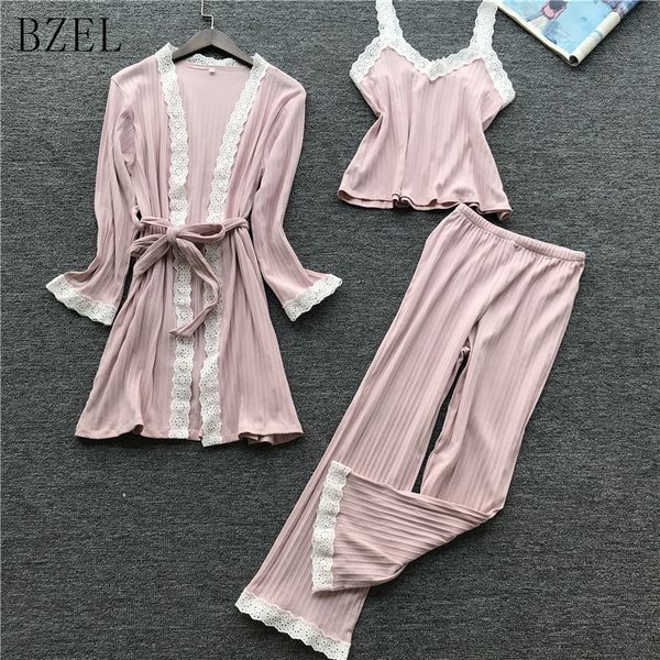 

bzel pajamas for women long sleeve sleepwear v-neck sleep lounge lace nightwear pijama feminino at all seasons 3 piece set, Blue;gray