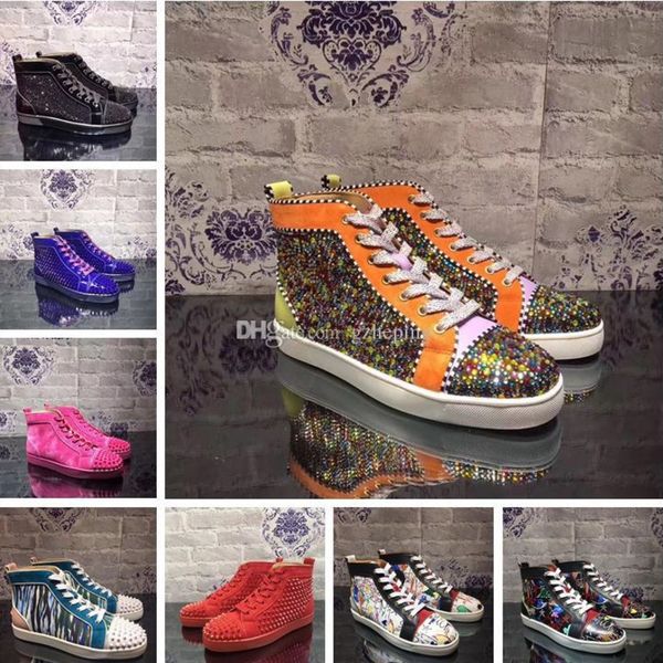 

2019 Designer luxury brand Studded Spikes Flats shoes High help Men Genuine Red Bottom Louboutin