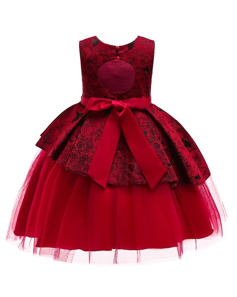 

1pcs baby girls backless princess prom dresses sleeveless lace flower embroidered patchwork formal gowns party dress kids designer clothes, Red;yellow