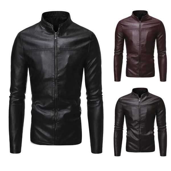 

2019 aliexpress autumn and winter new style men fashion stand collar locomotive slim fit leather coat, Black
