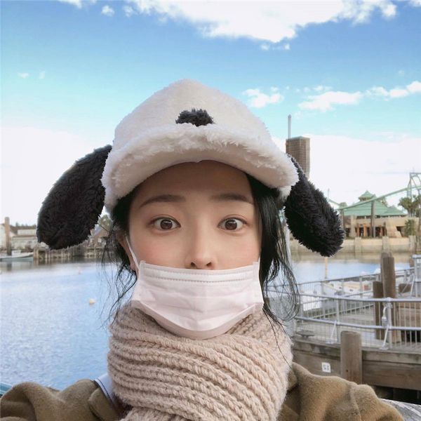 

korea faux fluffy fur visors hat women black white thick warm baseball cap sweet cute caps with big ears autumn winter 56-58cm, Blue;gray
