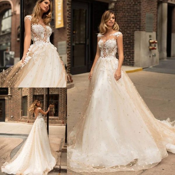 

design champagne wedding dresses illusion scoop neck appliqued cap sleeves a line court train bridal gowns, White