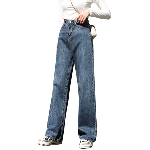 

wide-leg jeans women's autumn 2020 high waist loose straight korean style drop trousers, Blue