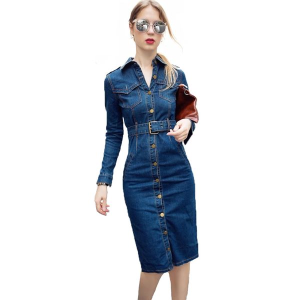 

2020 office denim dress plus size 3xl 4xl long sleeve jeans dress women bodycon pencil vestido jeans feminino, Black;gray